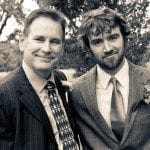 Father and groom smile outside at wedding ceremony in Nashville Tennessee