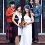 Family with bride on steps outside house before wedding ceremony in Nashville Tennessee