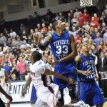 Tennessee State basketball player takes a shot against Belmont in Tennessee